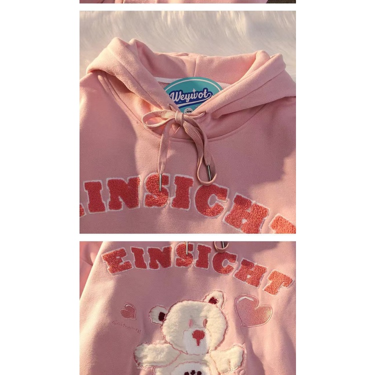 [littlecrab] Hoodie Oversize Einsicht Bear With Baloon Soft Color Beruang Bulu Bordir Timbul Sweatshirt Katun High Quality Korean Style