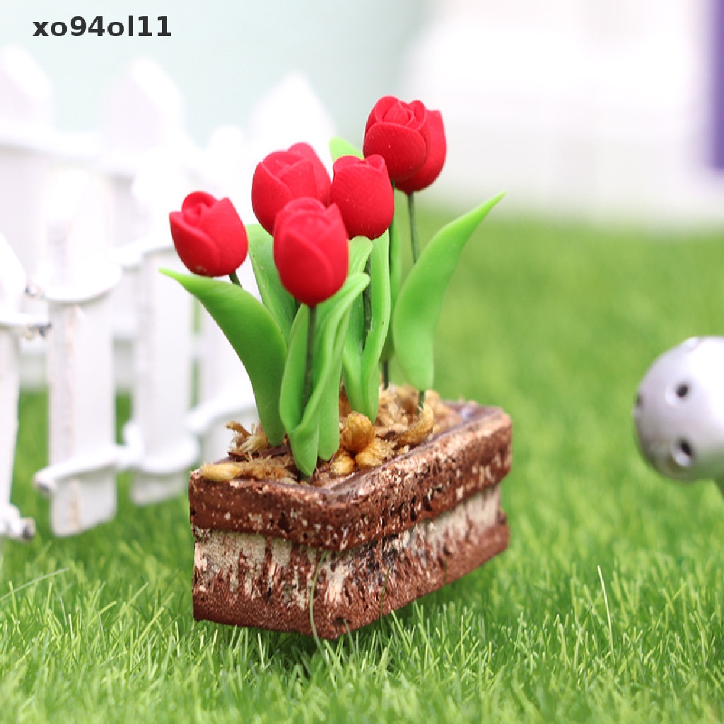 Xo 1: 12rumah Boneka Mini Lucu Tanaman Hijau Bunga Tulip Model Dekorasi Rumah Boneka OL