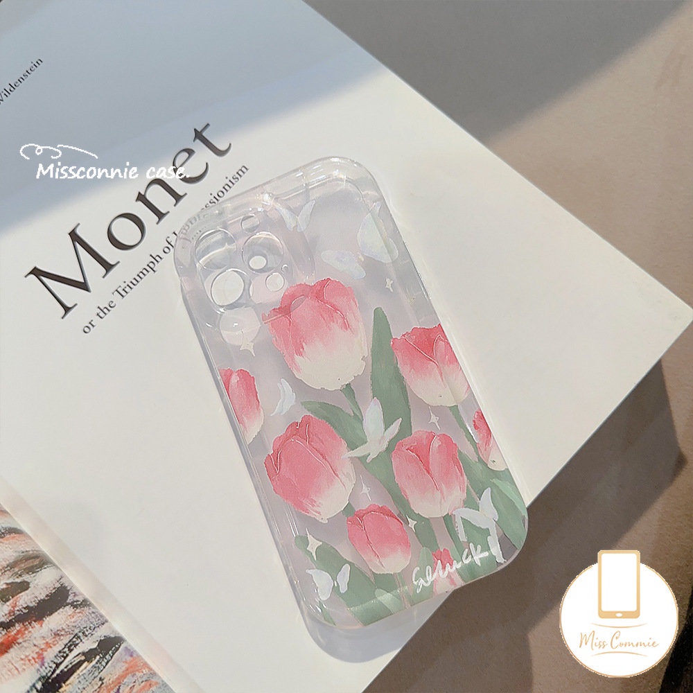 Ins Fashion Spring Fresh Flower Kompatibel Untuk iPhone 7Plus 11 14 12 13 Pro Max XR X 6s 7 8 6 Plus XS Max SE 2020 Fantasy Butterfly Tulips Transparan Airbag Shockproof Soft Cover