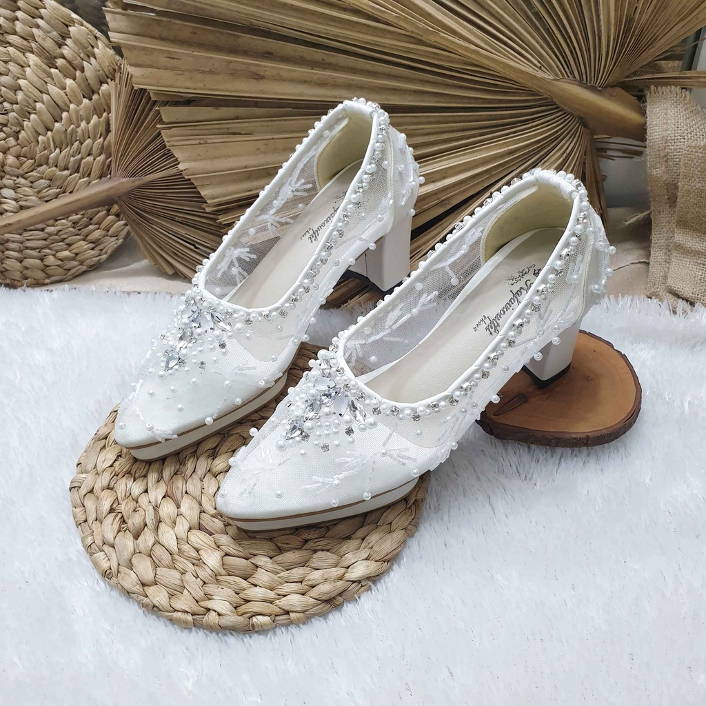 Sepatu wedding pesta Cantik April putih 7cm tahu