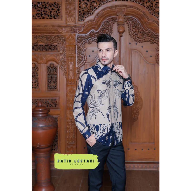 PARIKESIT BIRU Kemeja Batik Pria Slimfit Lengan Panjang Lapis Furing Katun Halus Premium Modern Sragenan