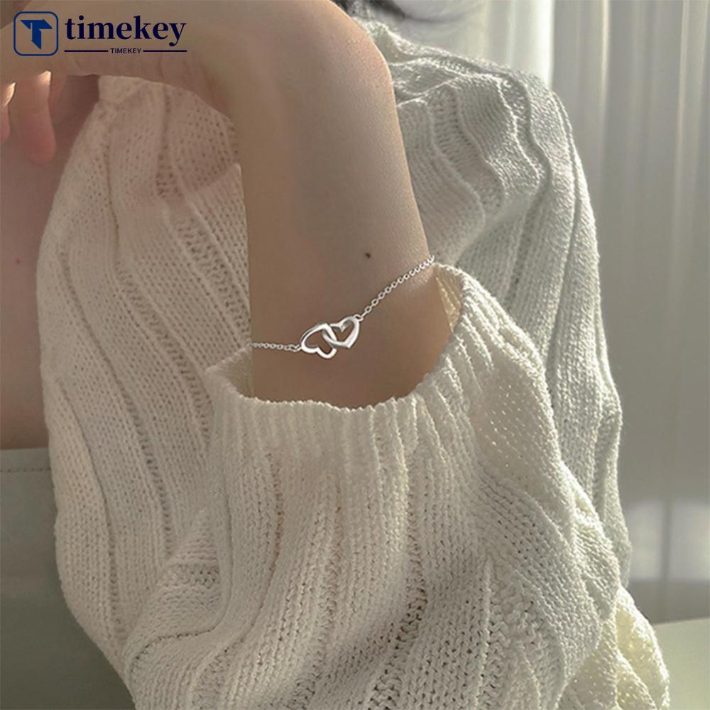 Timekey Ganda Berbentuk Hati Interlocking Gelang Cinta Kecil Yang Indah Gelang Paduan Aksesori Perhiasan Tangan L8S8