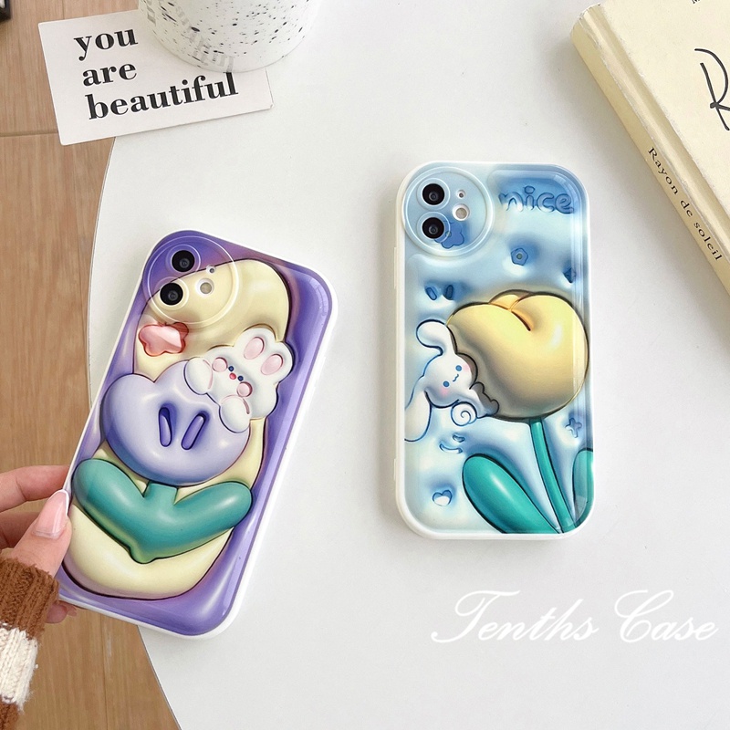 Untuk OPPO A78 A17 A17K A57 A77s A76 A96 A16 A16s A16k A15 A15s A54 A74 A55 A95 A94 A93 A53 A33 A32 A5 A9 A31 A3s A5s Reno8T 7Z 6 5 F11 F9 3D Vision Flower Rabbit Phone Case Sarung