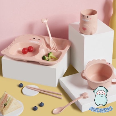 6pcs Set Alat Makan Anak Desain Kartun DINO Bahan Serat Gandum BPA FREE