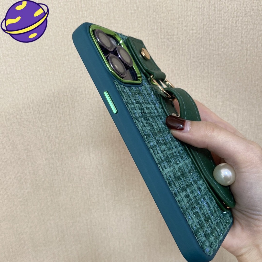 IPHONE Soft Case Tali Pergelangan Tangan Bahan Kulit Warna Hijau Tua Untuk Iphone12 13 14 11 Pro Max14 Plus Casing Belakang Kain Imitasi