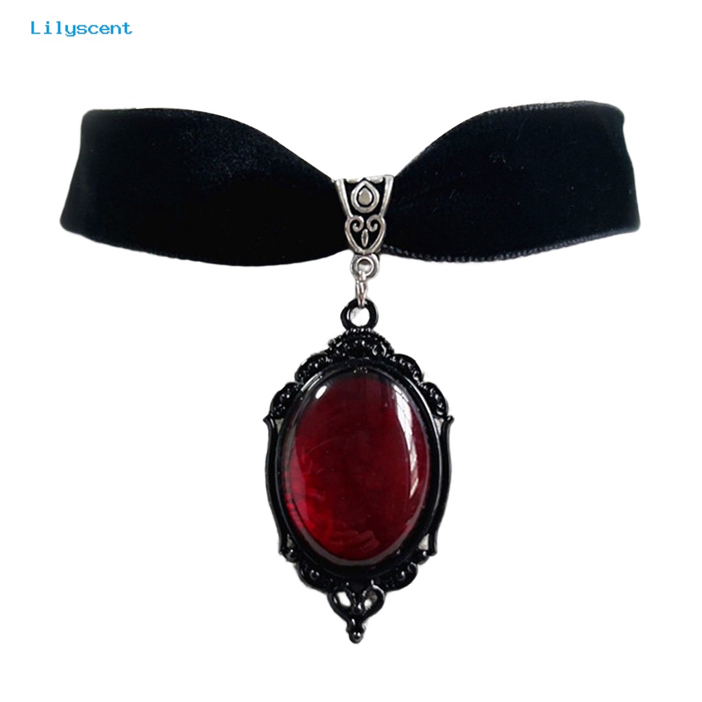 [LS] Wanita Choker Vintage Gothic Water Drop Geometris Adjustable Dress Up Beludru Wanita Faux Gemstone Pendant Klavikula Kalung Perhiasan Hadiah