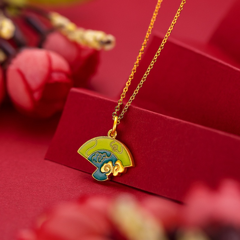 Goldkingdom Fashion Perhiasan 24 K Bangkok Aksesoris Ready Stock Gaya Kuno Membakar Biru Kipas Lipat Liontin Perempuan Lukisan Minyak Kipas Kecil Kalung Liontin