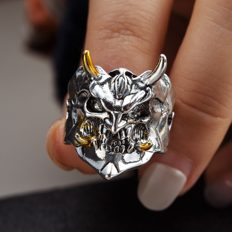 Gothic Devil Topeng Punk Rings/Pria Wanita Vintage Demon Skeleton Face Finger Ring