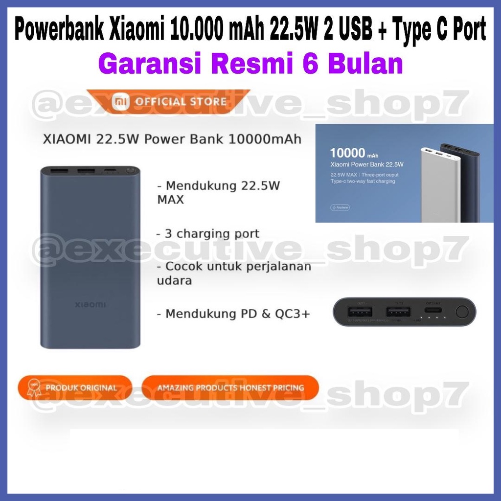 Powerbank 10.000 mAh 22.5W 2 USB + Type C Port - Garansi Resmi 6 Bulan