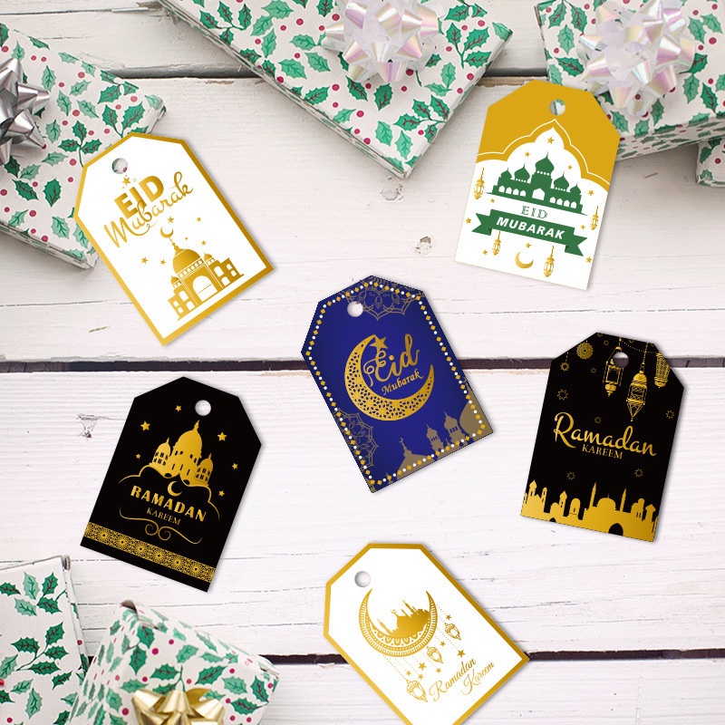 48pcs/set Tag Kertas Motif Kastil Bulan Eid Mubarak/Ramadhan Pesta Muslim Islami DIY Hadiah Kemasan Label Card Decor