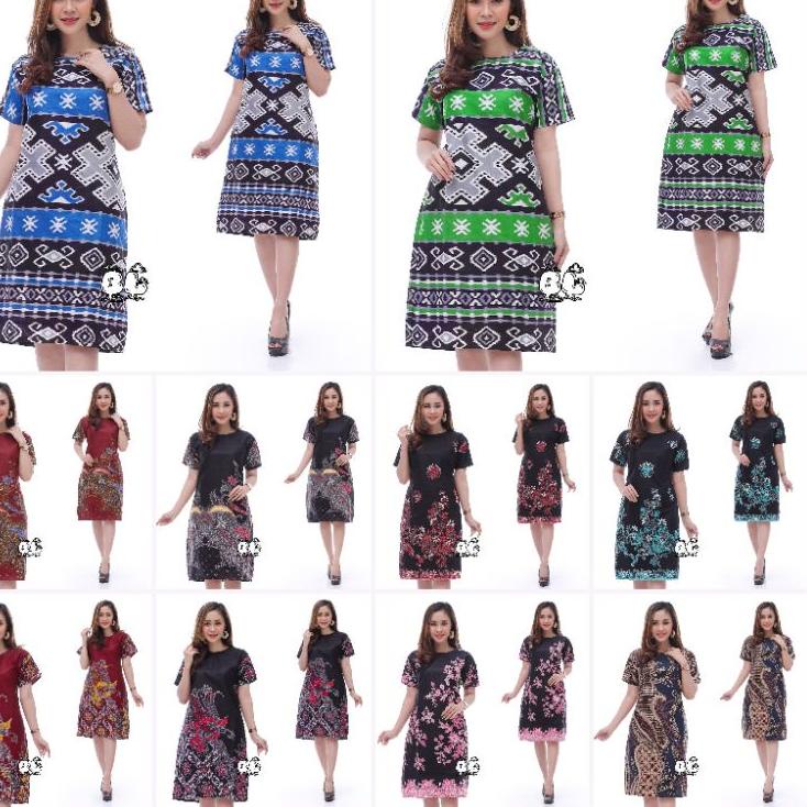 BAJU DRESS WANITA MODERN MODEL MOTIF BATIK LENGAN PENDEK SELUTUT PARTY NATAL SERAGAMAN KARYAWAN PERG