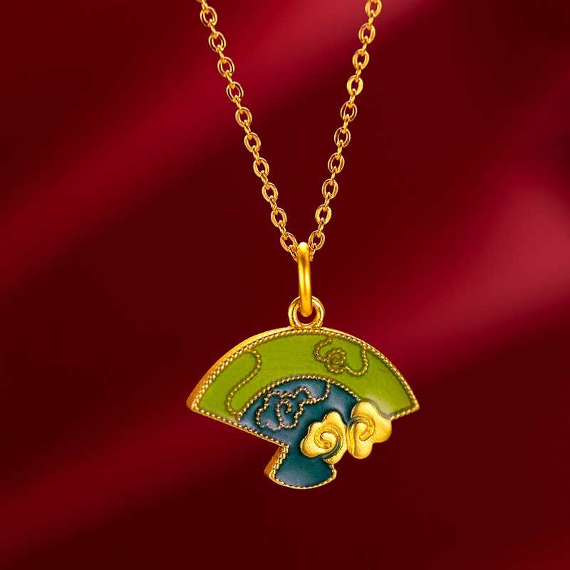 Goldkingdom Fashion Perhiasan 24 K Bangkok Aksesoris Ready Stock Gaya Kuno Membakar Biru Kipas Lipat Liontin Perempuan Lukisan Minyak Kipas Kecil Kalung Liontin