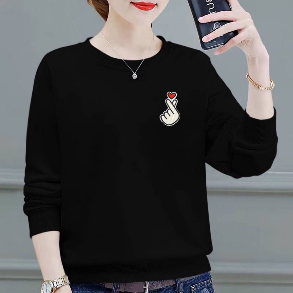 QH Kaos Lengan Panjang Wanita Logo Saranghae / Kaos Sweatshirt Wanita /Atasan Wanita Lengan Panjang