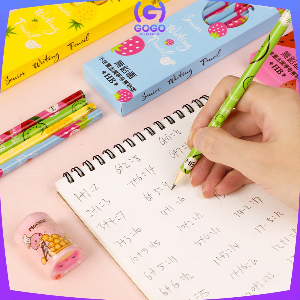 GOGO-A49 Pensil Kayu Set 12IN1 Motif Buah Dengan Penghapus Praktis / Pensil 12pcs Alat Tulis Sekolah Pencil Fruits With Eraser Import