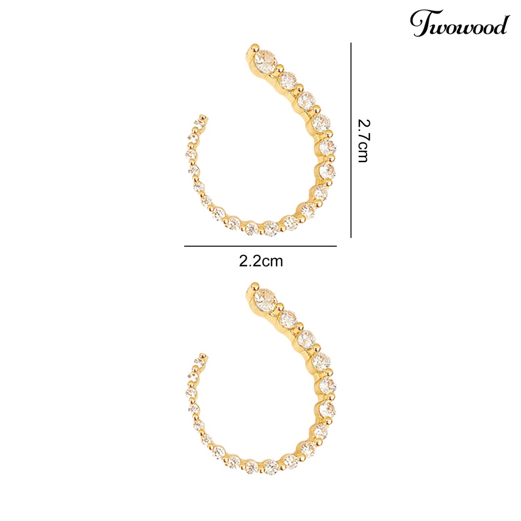 Twowood 1pasang Anting Pejantan Berbentuk C Geometris Minimalis Elegan Mewah Berkilau Berlian Imitasi Wanita Open Hoop Earrings Fashion Jewelry