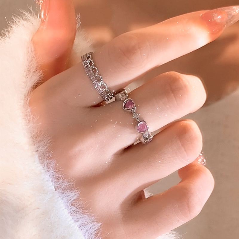 Anti Karat Warna pink Berlian Cinta Hati Cincin Baja titanium Wanita Pasangan Korea Hadiah Cincin Terbuka