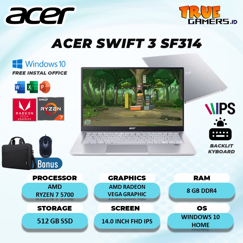 LAPTOP ACER SWIFT 3 SF314 RYZEN 7 5700 8GB 512SSD VEGA7 W10 14.0FHD IPS