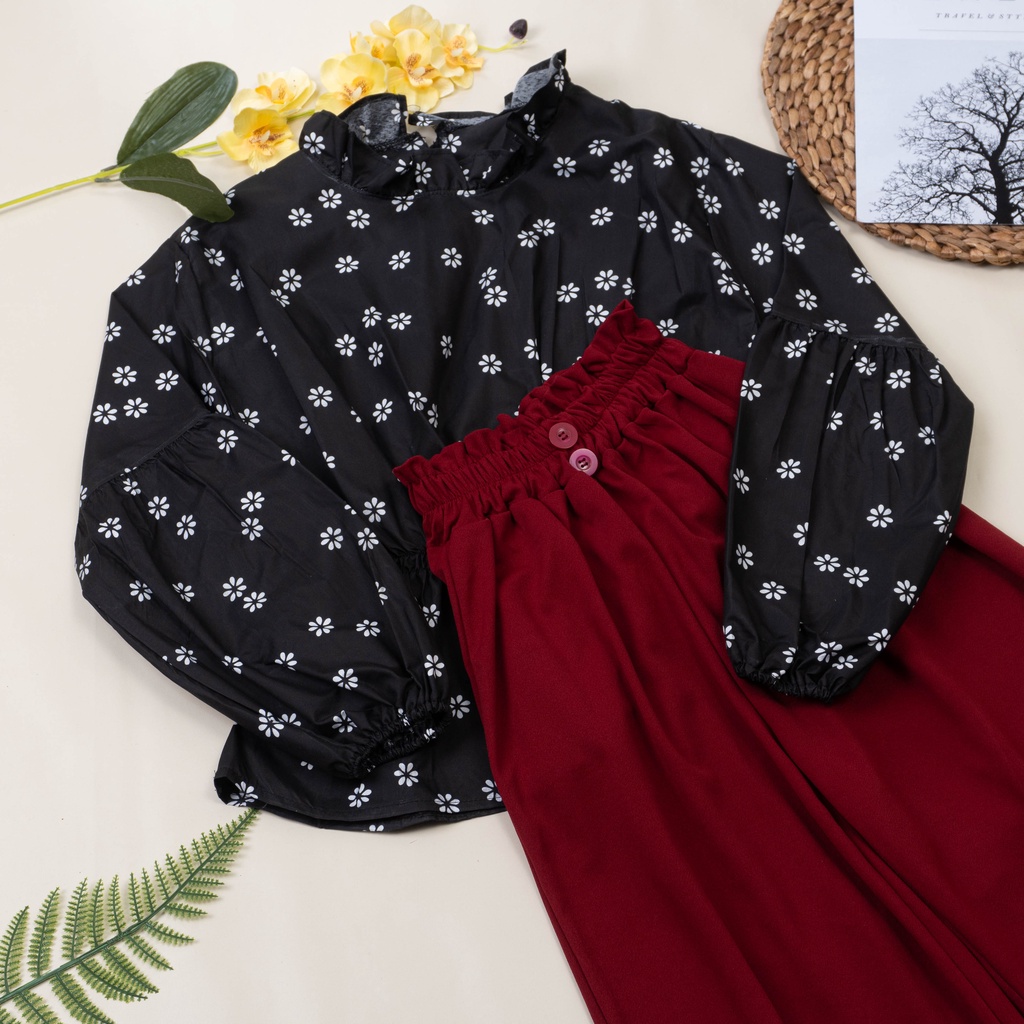 IL - SETELAN BYTHA MOTIF BUNGA TERBARU / ONE SET KULOT BUTTON 2 KANCING BAHAN CREPE PREMIUM-BYTHA HITAM+MAROON
