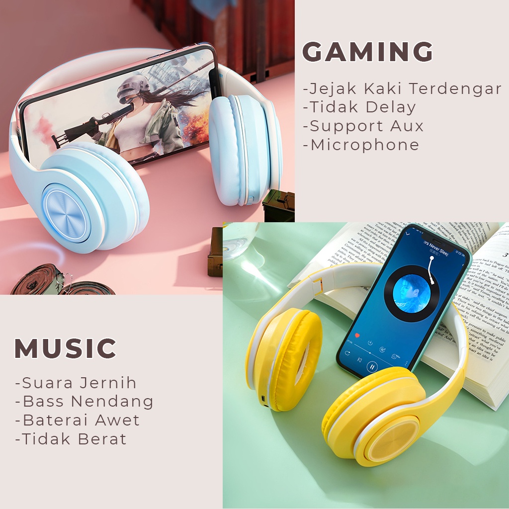 Headset Bluetooth Macaron NBP33 Headphone Wireless Henset Hetset Bando Slot Memori Untuk Santai Olahraga Lainnya | GROSIRXPRESS