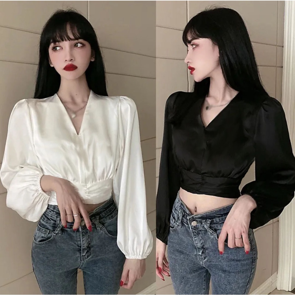 Atasan blus wanita tangan panjang satin velvet gaya korea 911