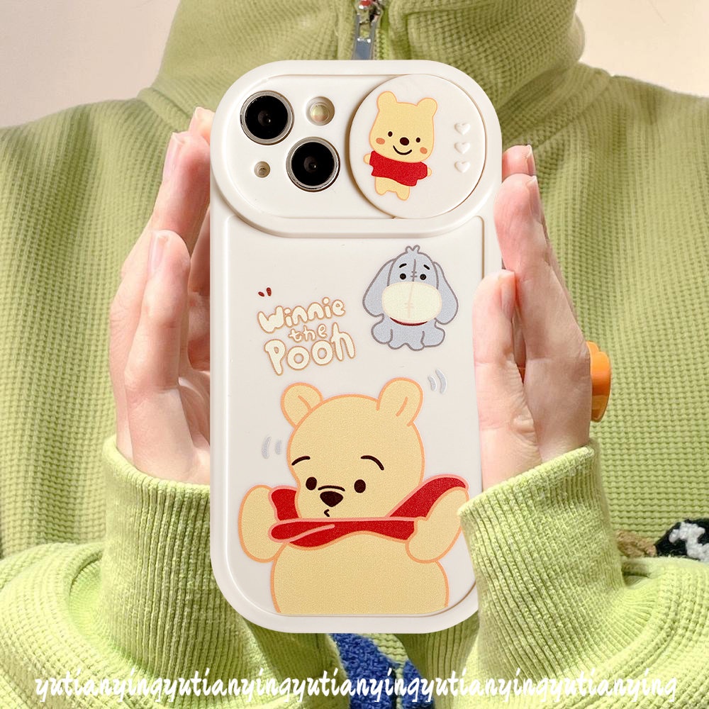 IPHONE Couple Case Kompatibel Untuk Iphone11 13 12 Pro MAX 7plus 7 8 Plus XR X XS MAX Kartun Manyo Strawberry Bear Winnie the Pooh Lembut TPU Silicon Pull Push Window Penutup Pelindung Kamera