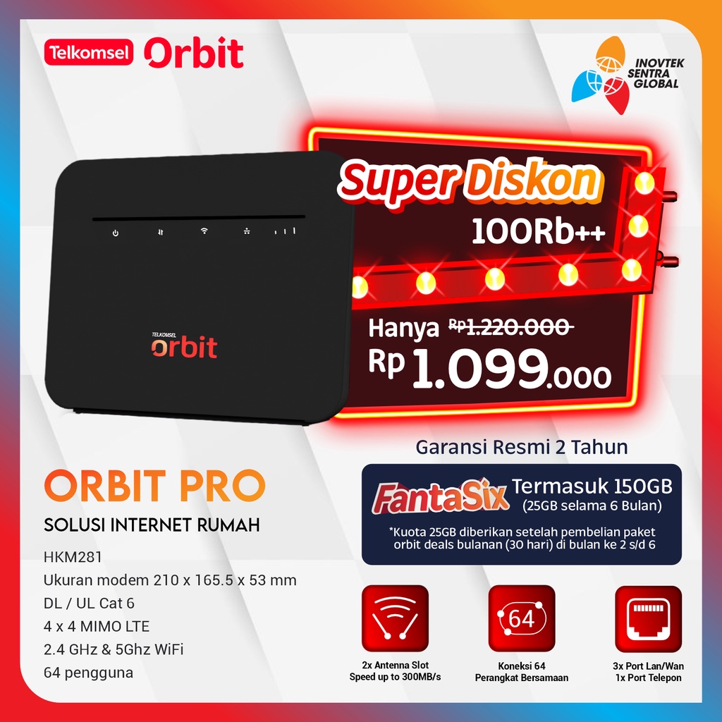 Orbit Pro HKM281 Modem Router WiFi Telkomsel 4G Bonus Data 150GB