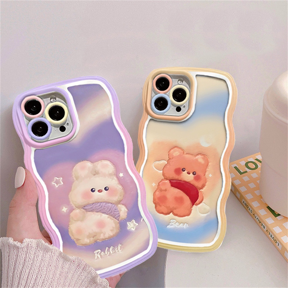 IPHONE Case Untuk Iphone14 14 Pro MAX IPhone13 Pro MAX 11PRO 11PRO MAX 12 12Pro MAX XR XS Max6 6S 7 8 Plus SE 2020 Doodle love Dan Beruang Kecil Yang Lucu Kelinci Wave Edge TPU Case