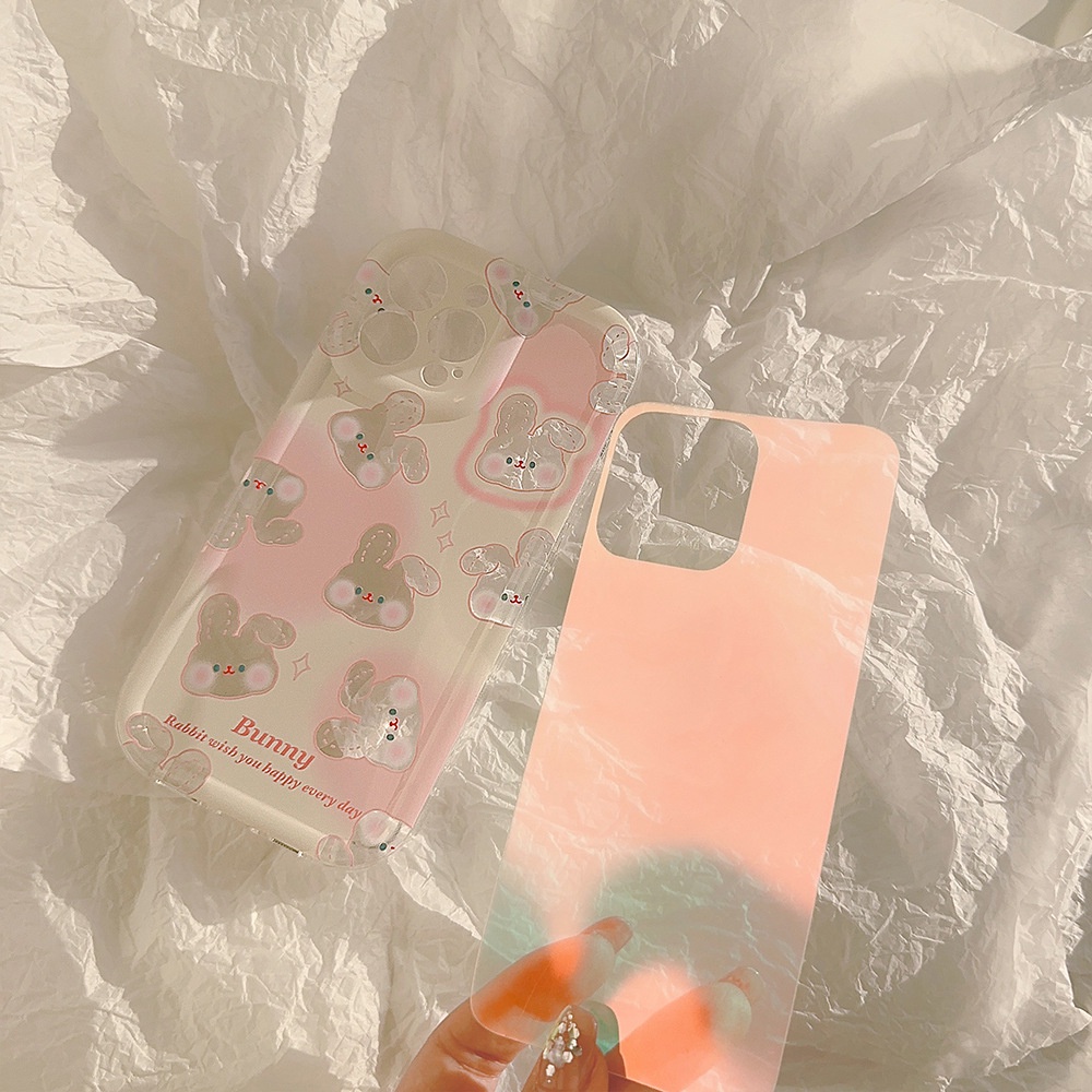 IPHONE Lucu Kartun Pink Bunny Kelinci Transparan Laser Film Ponsel Case Cover Untuk Iphone11 12 13 14 PLUS PRO MAX Perlindungan Penuh Soft Shell