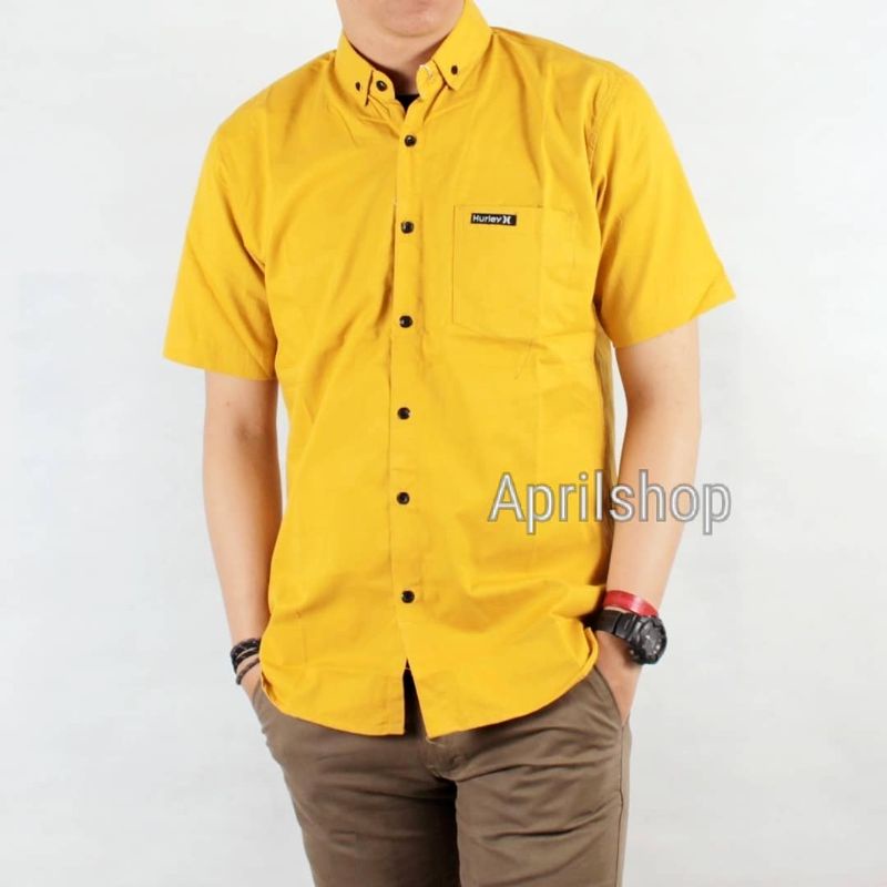 Kemeja Polos Pria Lengan Pendek Kemeja Casual Pria Slimfit Baju Atasan Kemeja Pria Kemeja Kuning Mus