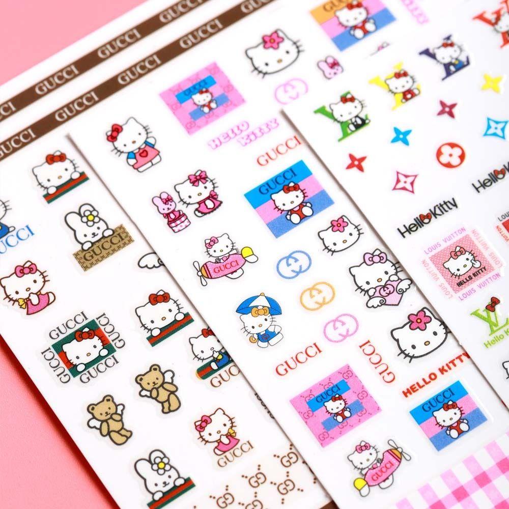 AUGUSTINA Agustina Kartun Stiker Kuku Lucu Perekat Diri Ikatan Simpul Manikur Aksesoris Merek Logo Nail Art Beruang Kitty Cat Nail Stickers