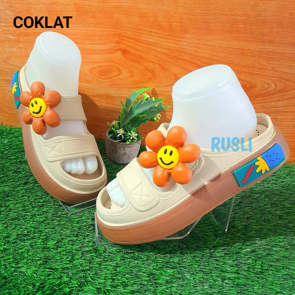 (COD) Sandal Sepatu Tali Dua Jelly Import Wedges Motif Bunga Hys 029-1