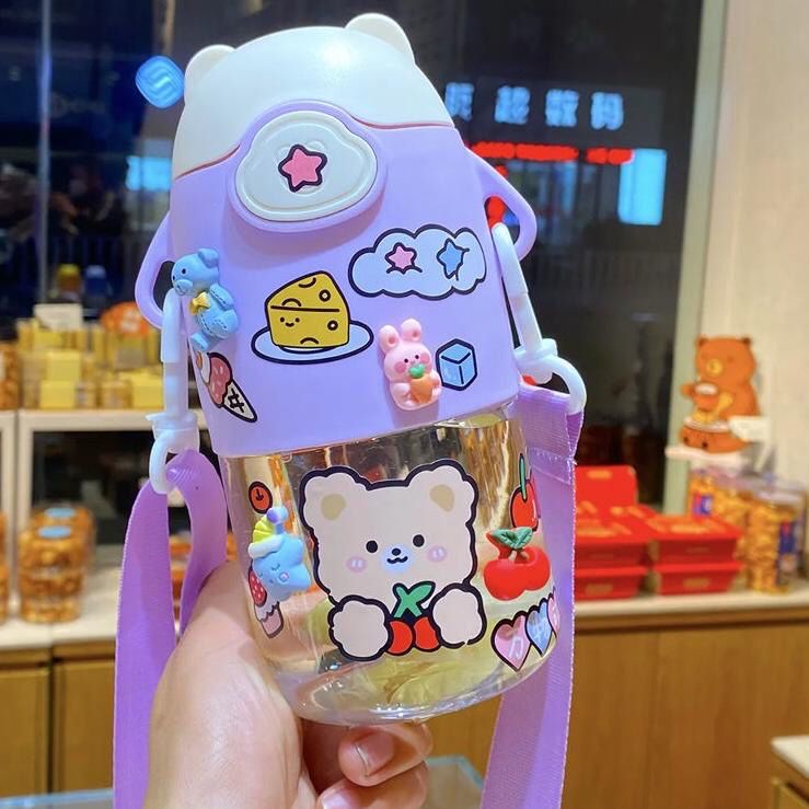 Botol Minum / Tempat Minum Anak Lucu Animasi Kartun Include Sedotan Dan Tali