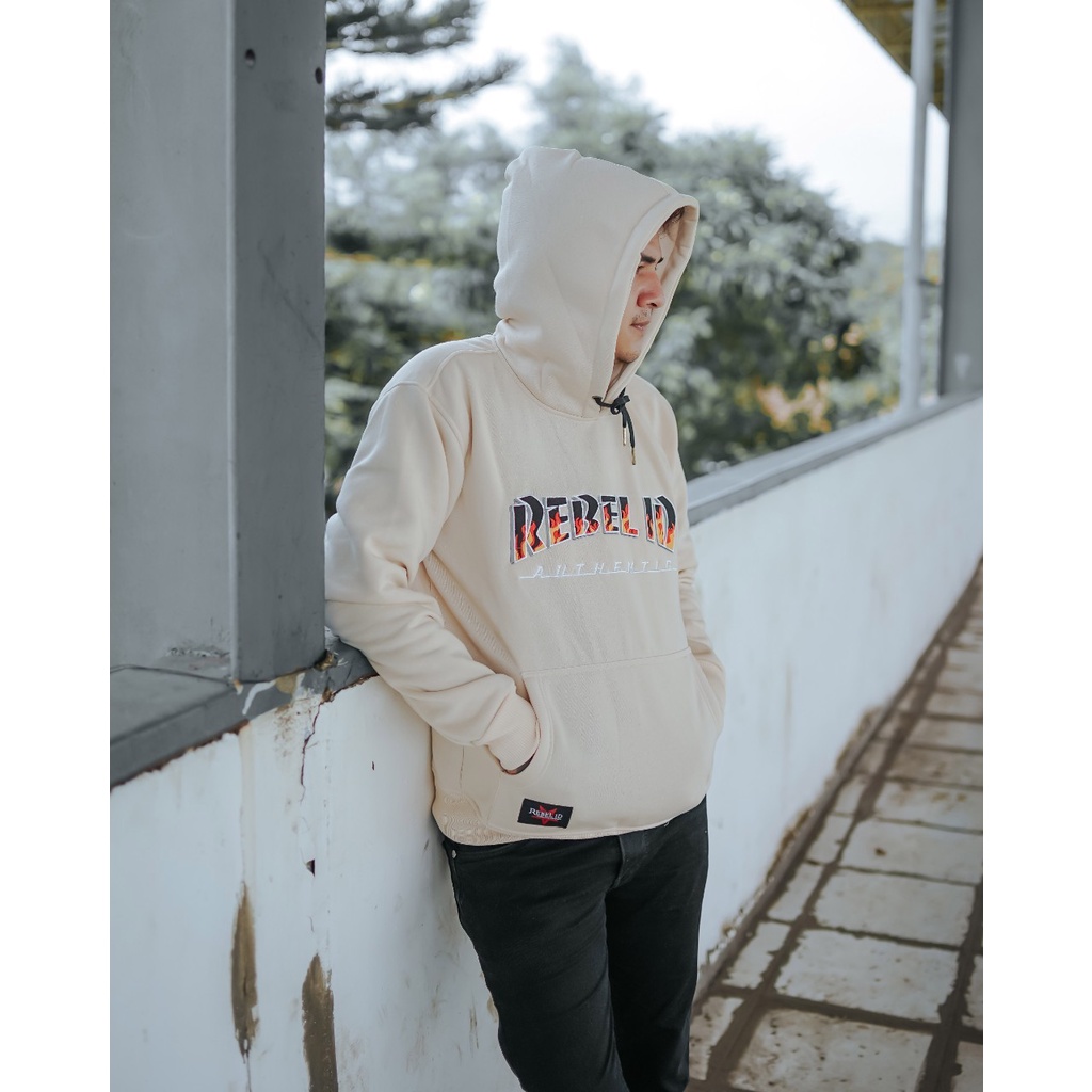 Sweater Hoodie Rebel Id Full Bordir Sweater Pria Cream