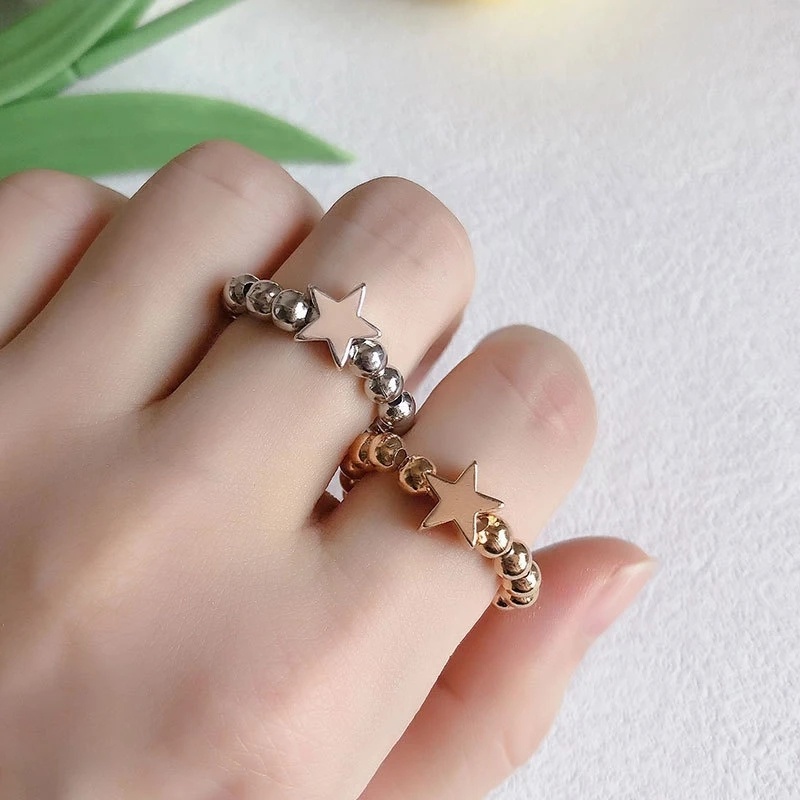 Wanita Gadis Cincin Jari Manik Adjustable Warna Silver/Cincin Elastis Bulat Hati Bintang