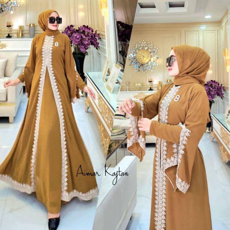 Busana Muslim Wanita Terbaru Gamis Putih Jumbo Aimar Kaftan Dress Lebaran Crinkle AirFlow Aksen Renda Baju Kondangan Gaun Pesta