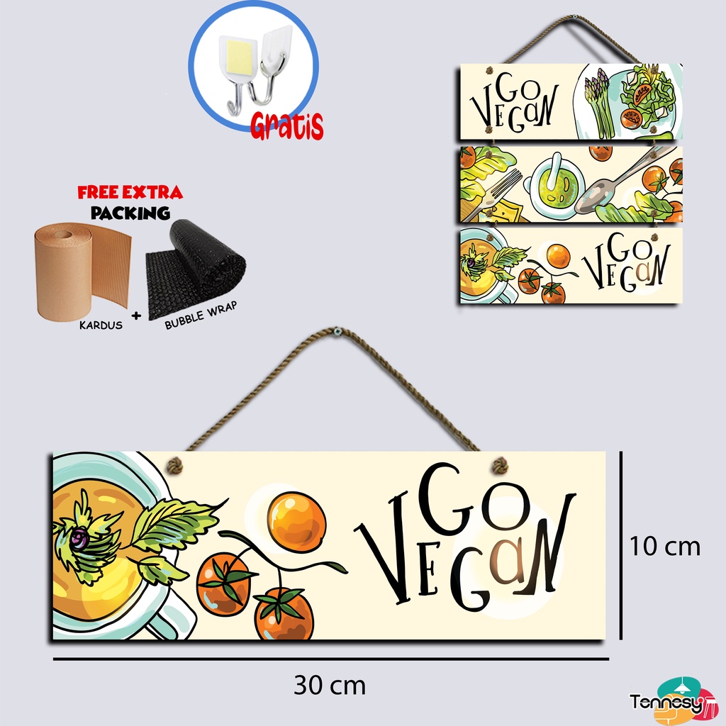 TENNESY Hiasan Dinding Dapur Go Vegan Food 3 Susun Dekorasi Dinding Dapur Kitchen Pajangan Kayu Poster Dekorasi Rumah