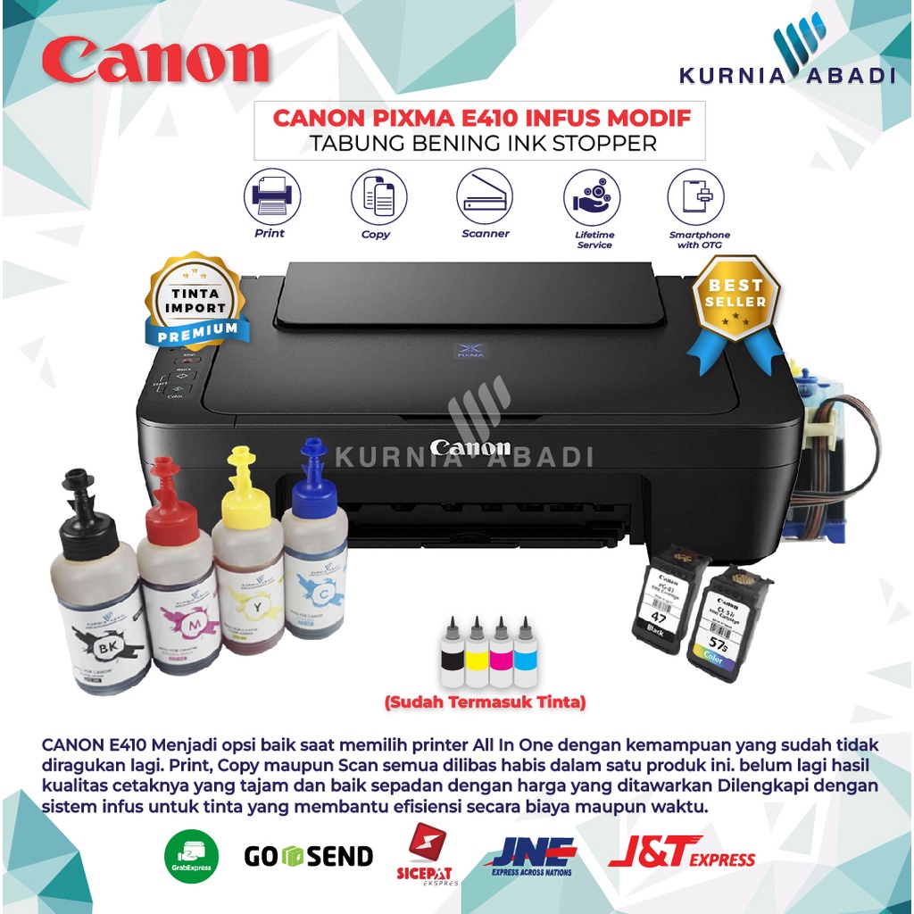 Printer Canon PIXMA E410 Infus Print Scan Copy Inkjet Tabung Bening