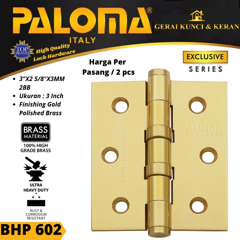 ENGSEL JENDELA PALOMA BHP 602 BRASS 3&quot;X 2 5/8&quot;X3MM 2 BB PB GOLD