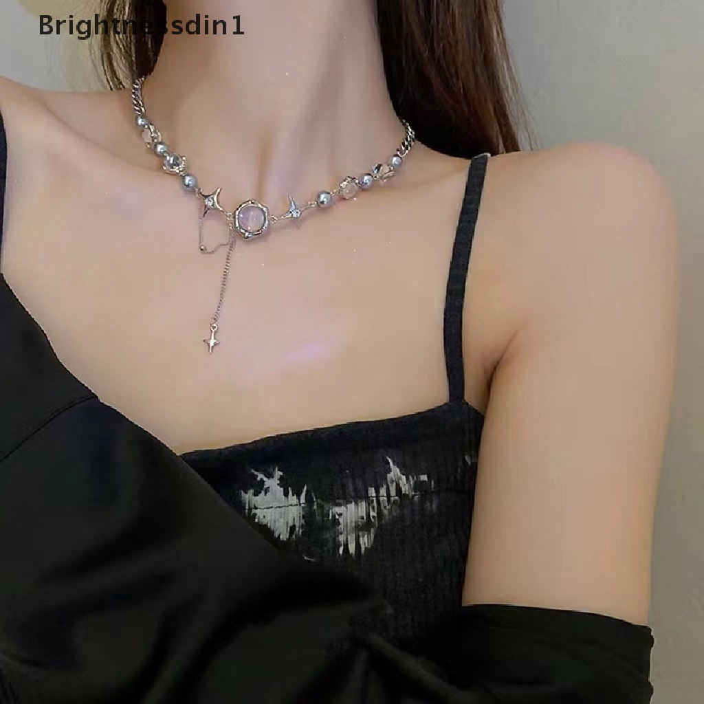 [Brightnessdin1] Bintang Indah Geometris Kristal Rantai Choker Kalung Korea Shiny Perhiasan Untuk Wanita Anniversary Pernikahan Moonlight Zirkon Cross Fringe Punk Kalung Hadiah Boutiq