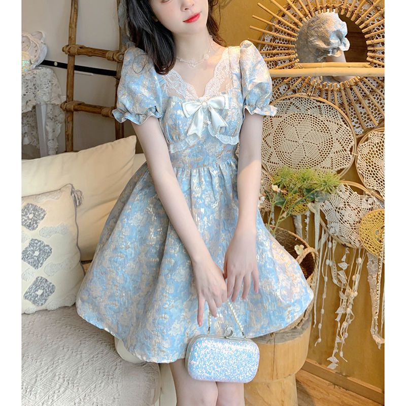 Red Jacquard Puff Sleeve Princess Dress Summer Bahasa Perancis Super Fairy Mori Bow Simpul Pinggang Fairy Dress Kecil