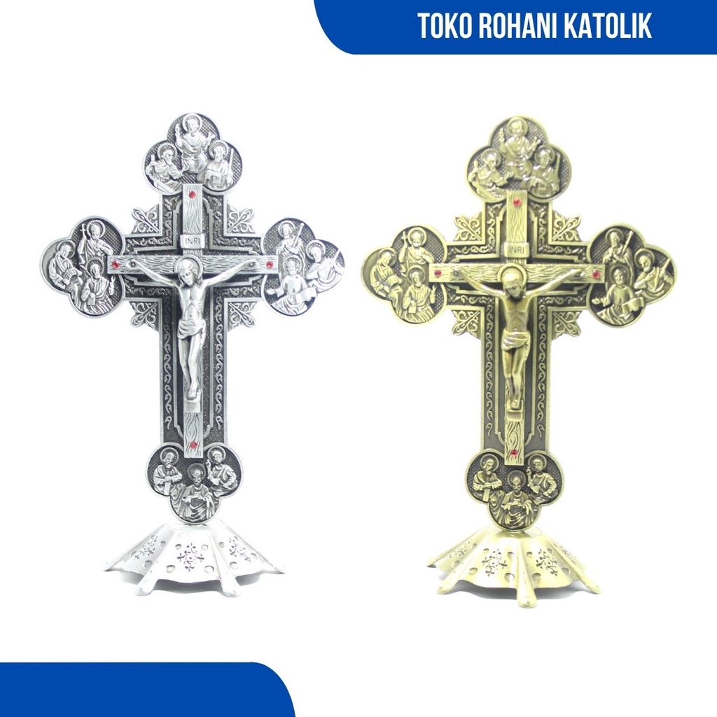 SALIB DUDUK APOSTOLIK 20 CM (12 RASUL)/SALIB DUDUK MEJA KATOLIK / SALIB LOGAM / SALIB ALTAR
