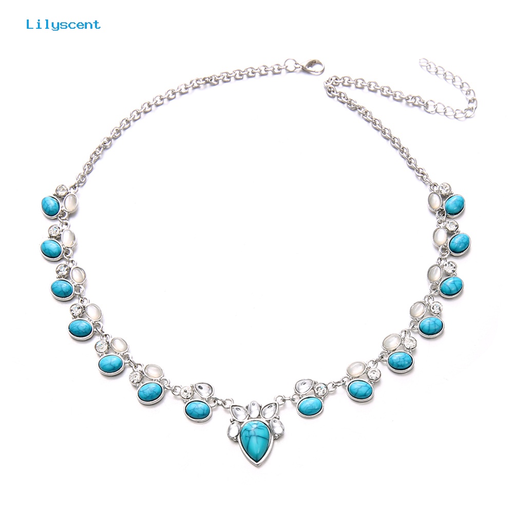 [LS] Wanita Fashion Faux Opal Turquoise Pendant Rantai Choker Kalung Pesta Perhiasan