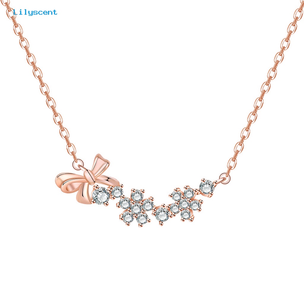 [LS] Women Necklace Cubic Zirconia Bow-knot Decor Rantai Warna Solid Electroplated Neck Dekorasi Berongga Keluar Shiny Bentuk Bunga Lady Necklace Women Jewelry