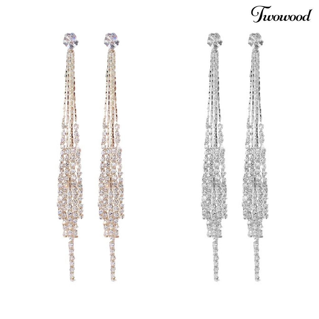 Twowood 1pasang Anting Stud Dainty Elegan Temperamen Mewah Berlian Imitasi Bertatahkan Jumbai Linear Earrings Perhiasan Fashion