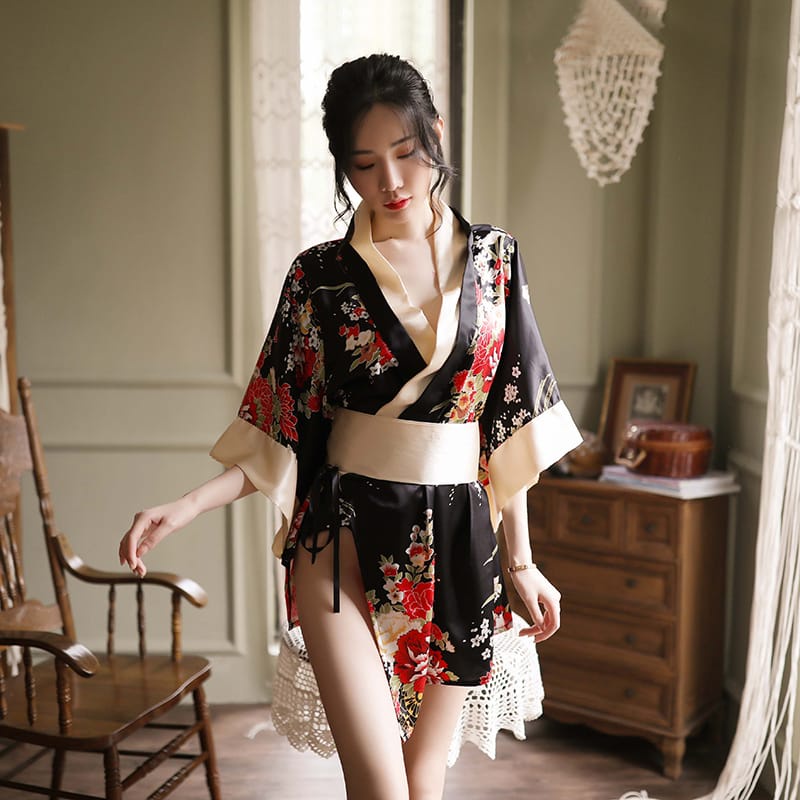 HUES.ID Kimono Jepang Cosplay Lingerie Bahan Satin Motif Bunga 3080