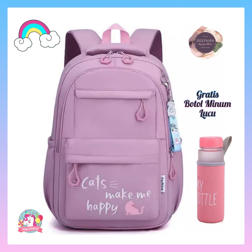 Tas Ransel Anak Perempuan Motif C4t M4k4 M3 H4ppy Untuk Sd Smp Sma Free Botol Minum Lucu