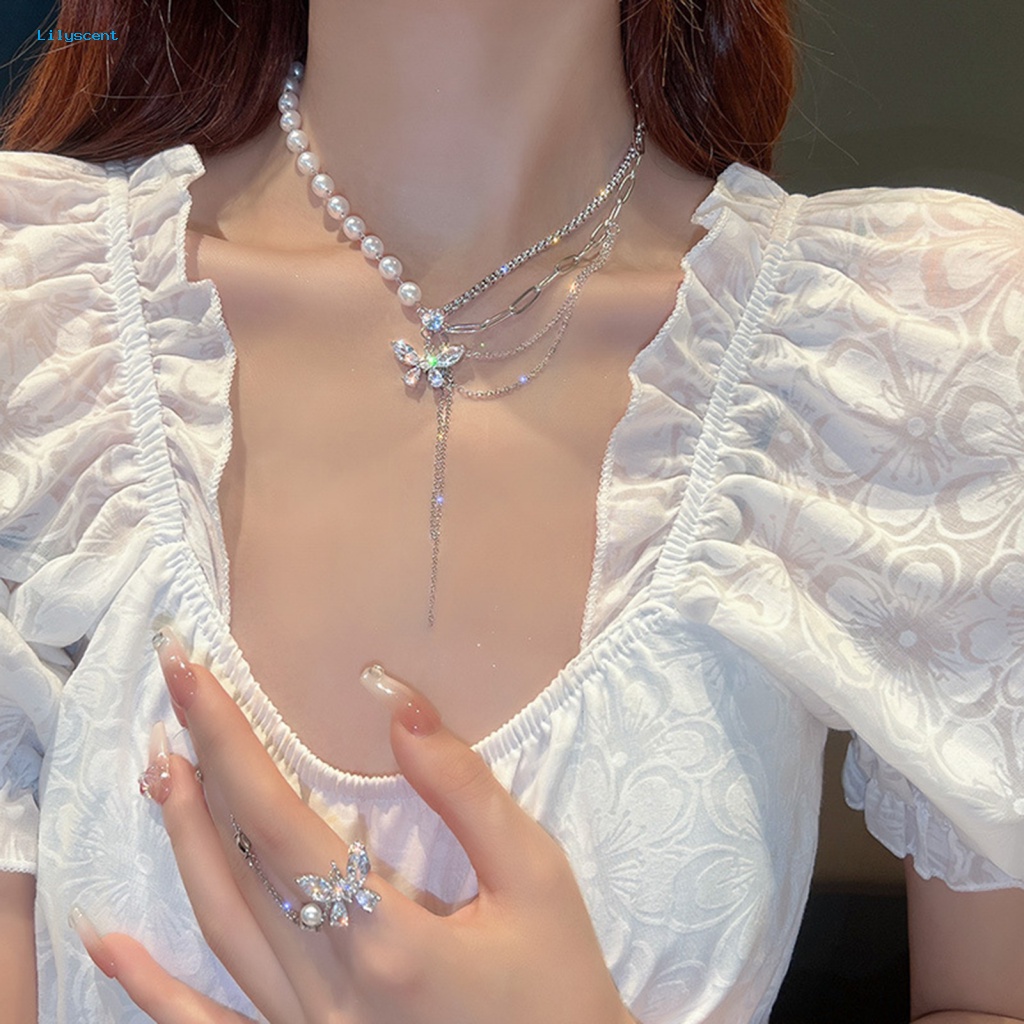 Lilyscent Tidak Teratur Perempuan Kalung Fashion Perhiasan Bling Berlian Imitasi Kupu-Kupu Jumbai Liontin Kalung Cincin Asimetris