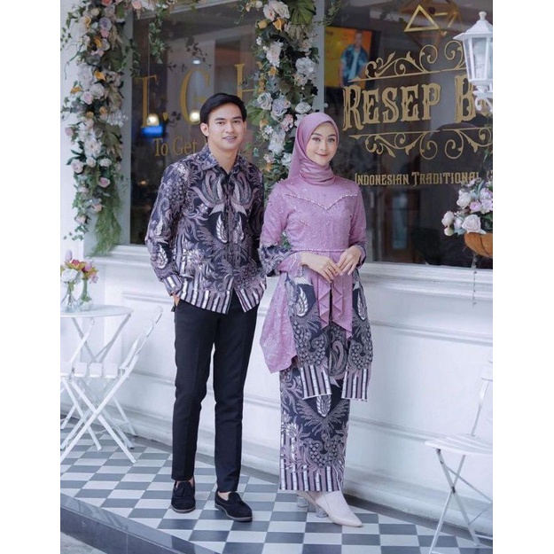JTR LAFEEYA COUPLE KEBAYA BATIK TILLE MODERN MODIS pakaian couple sarimbit warna abu kombinasi lilac