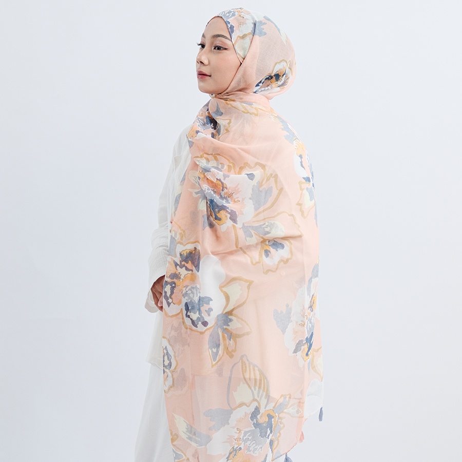 ITSFRIDAY IRONA In Apricot Scarf - Premium Pashmina Shawl Selendang Syal Pasmina Hijab Import Motif Flower Art Salem Navy Tassel