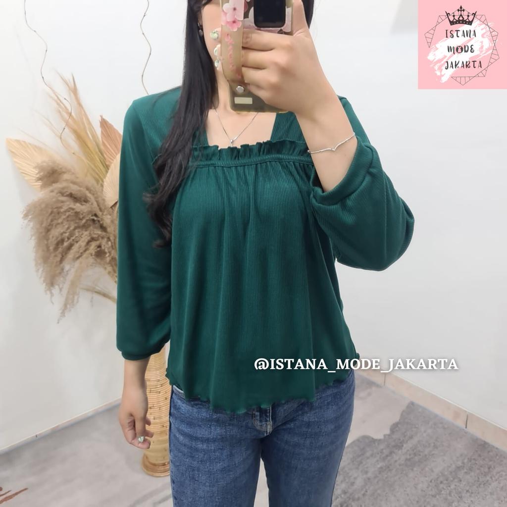 IMJ LAURA Rajut Ruffle Blouse Premium - Baju Atasan Wanita Lengan Panjang All Size Fit to XL